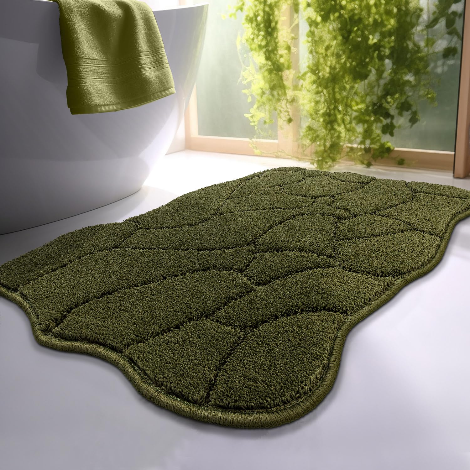 BSICPRO olive green bath mat with wave texture enhances stylish bathroom decor and comfort.