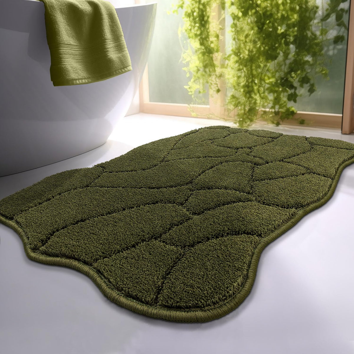 BSICPRO olive green bath mat with wave texture enhances stylish bathroom decor and comfort.
