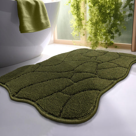 BSICPRO olive green bath mat with wave texture enhances stylish bathroom decor and comfort.