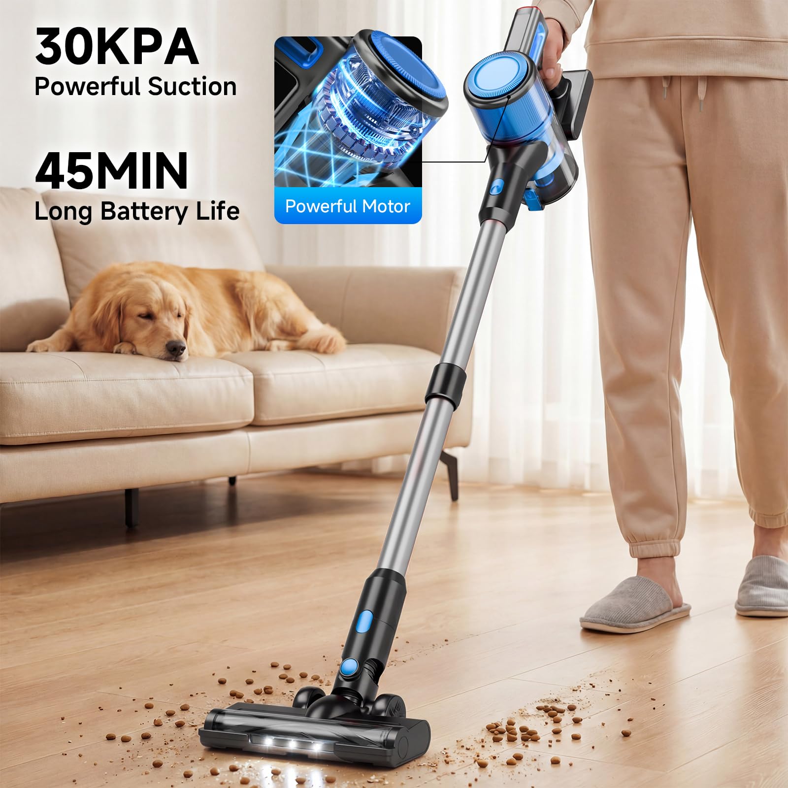 BSNAW cordless vacuum demonstrates 45-minute battery life for larger cleaning sessions.