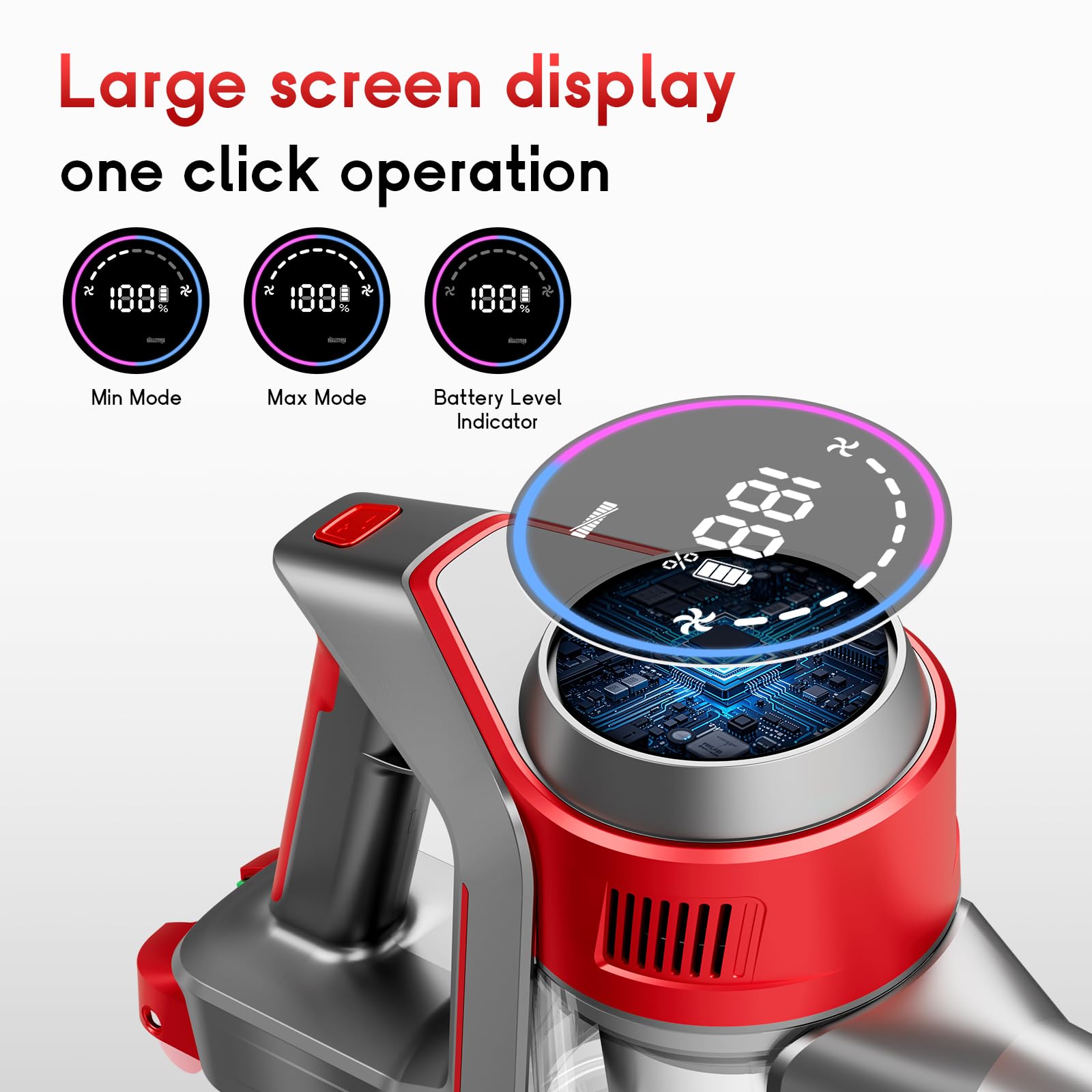 BSNAW LED display helps monitor battery and mode during cleaning