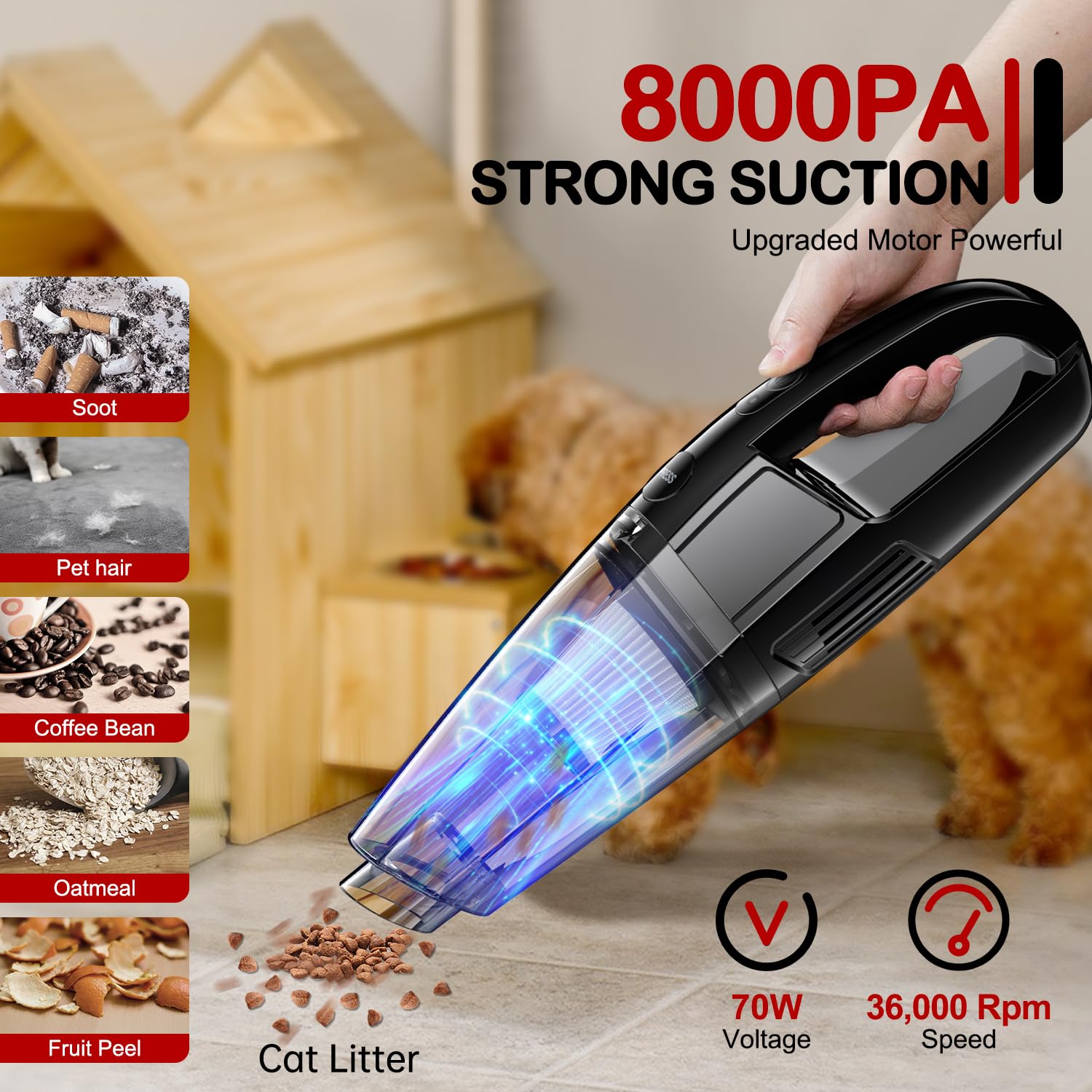 BSRCO Handheld Vacuum lifts pet hair from sofa upholstery.