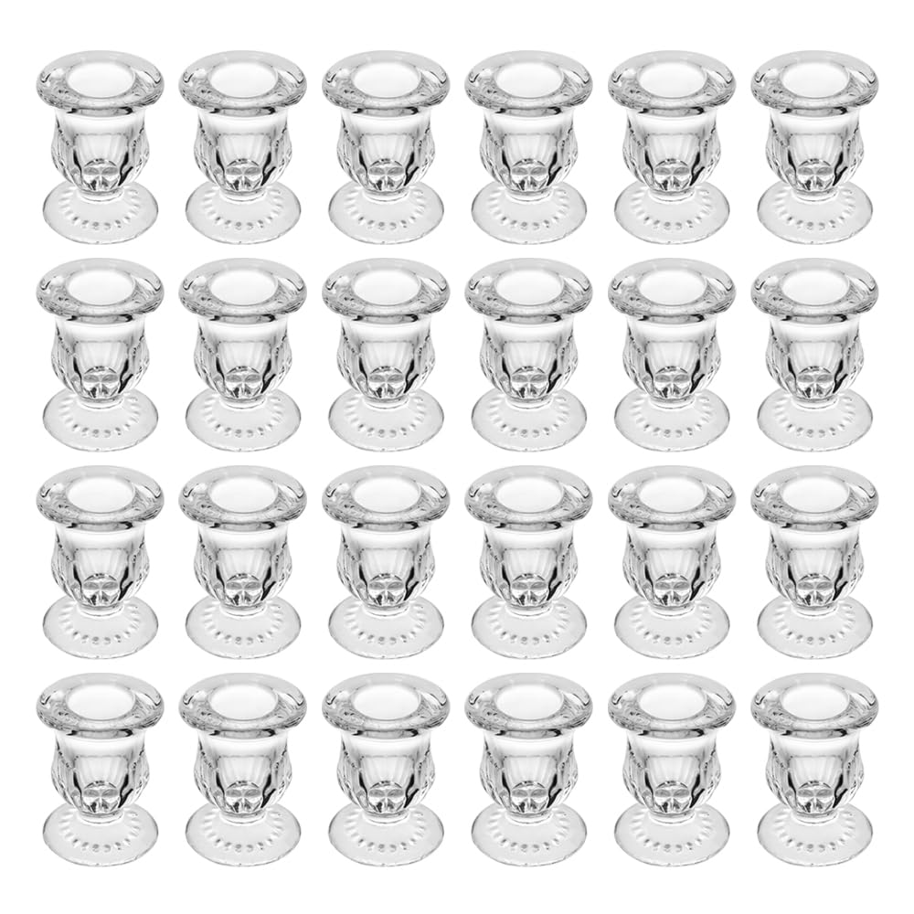 BTGLLAS glass taper candle holders, 24-piece clear set for elegant dining.