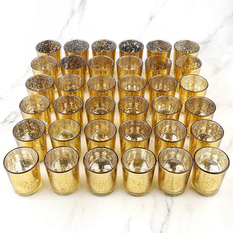 BTGLLAS gold mercury glass tea light holders form an elegant 36-piece centerpiece.