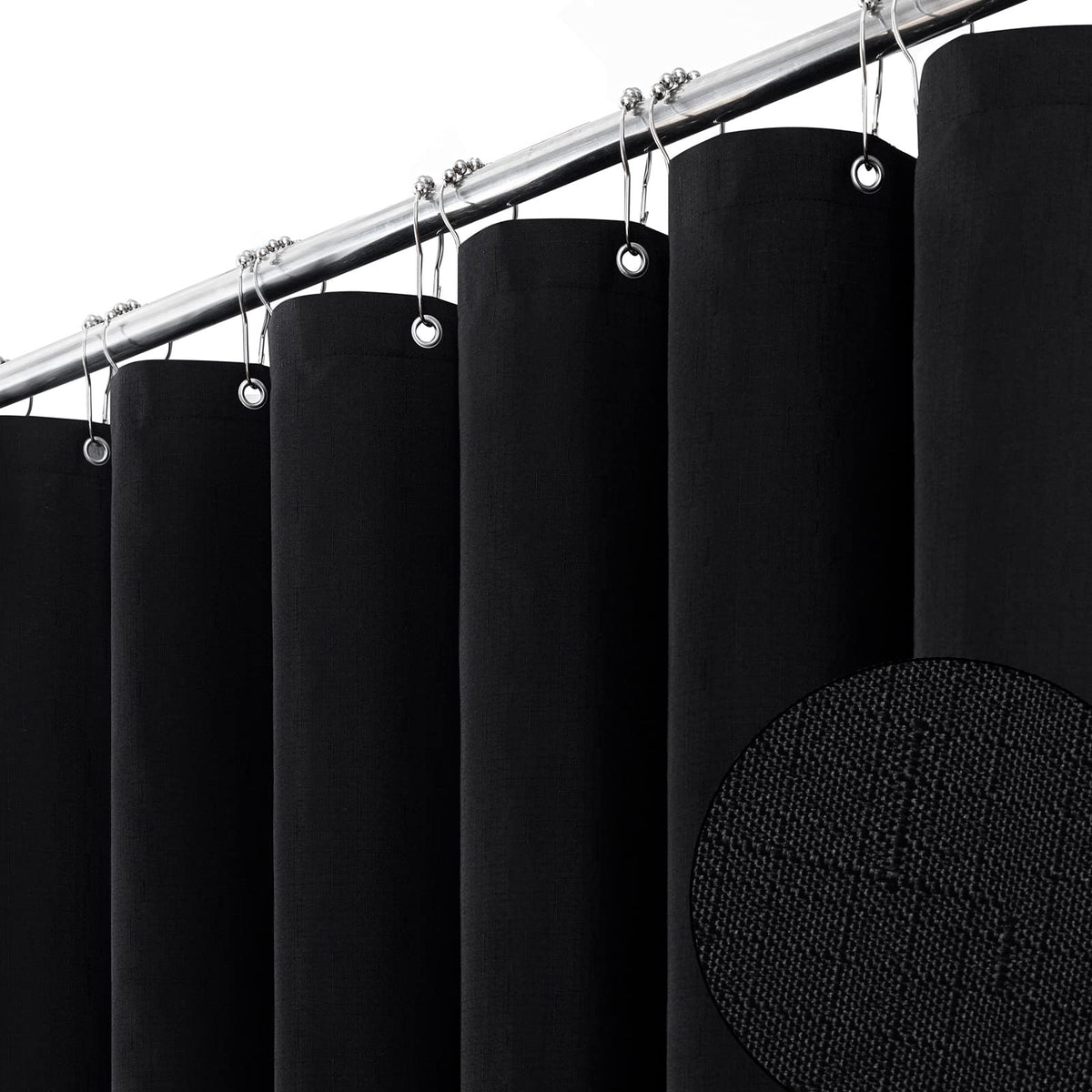 BTTN black fabric shower curtain with linen texture for privacy and premium look.