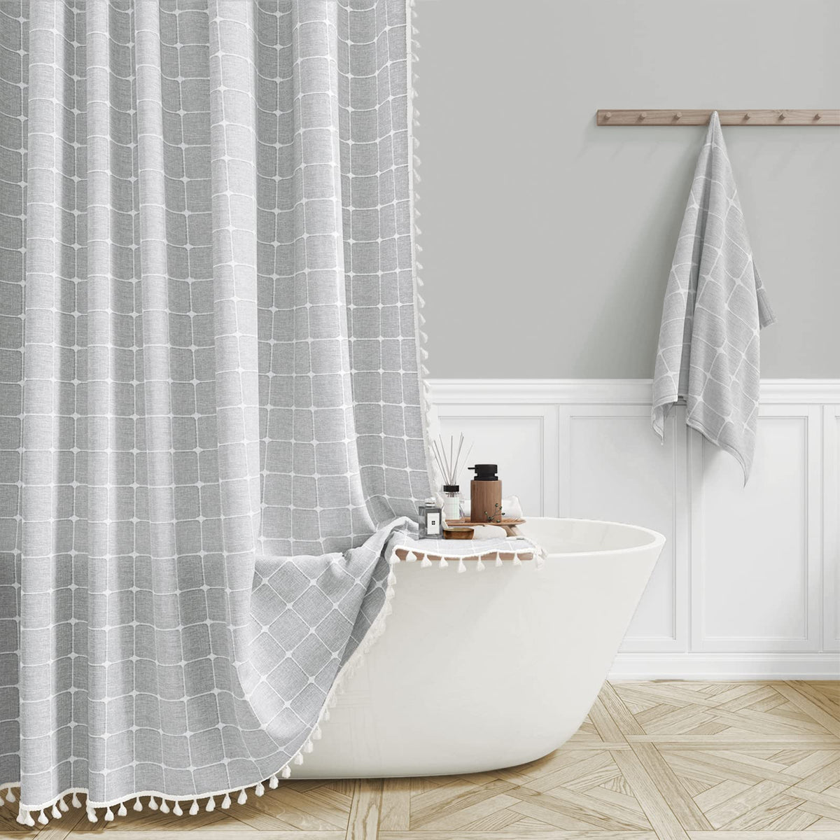BTTN Boho Farmhouse curtain with embroidery tassels for chic bathroom style