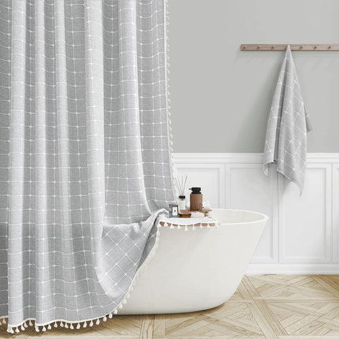 BTTN Boho Farmhouse curtain with embroidery tassels for chic bathroom style