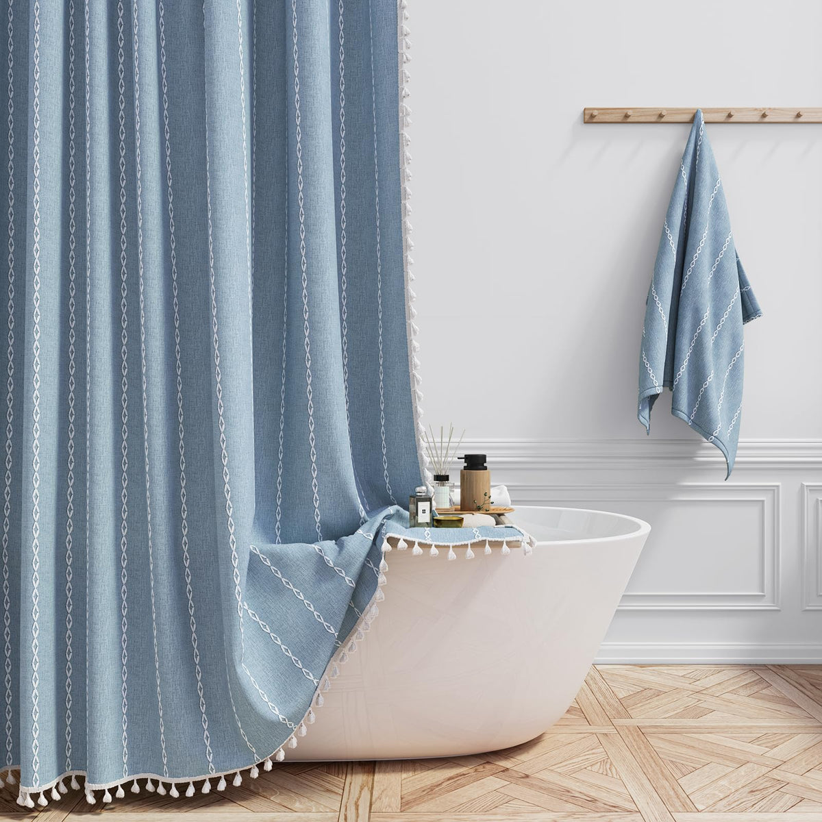 BTTN Boho Farmhouse shower curtain tassel detail adds boutique style to your bathroom.