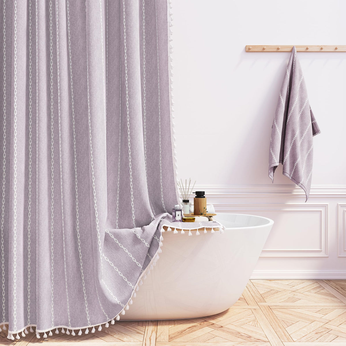 BTTN Boho Farmhouse shower curtain with lavender tassels for a luxurious bath