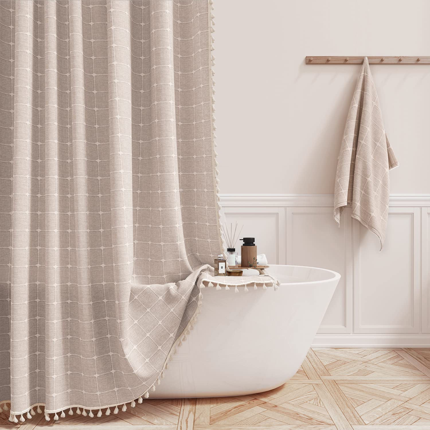 BTTN Boho farmhouse shower curtain tassel trim adds stylish privacy