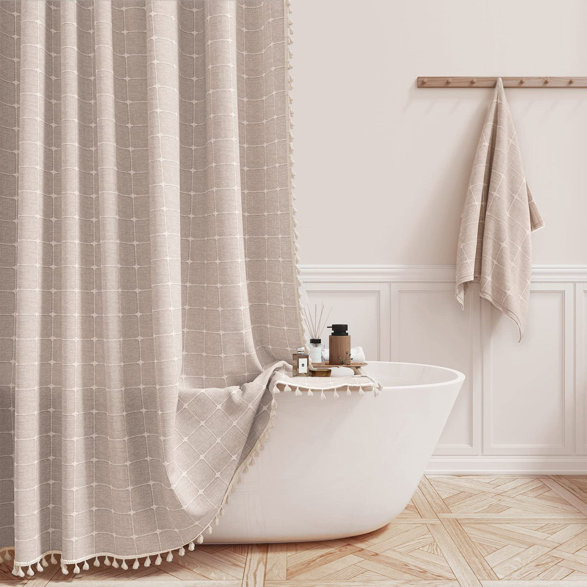 BTTN Boho farmhouse shower curtain tassel trim adds stylish privacy