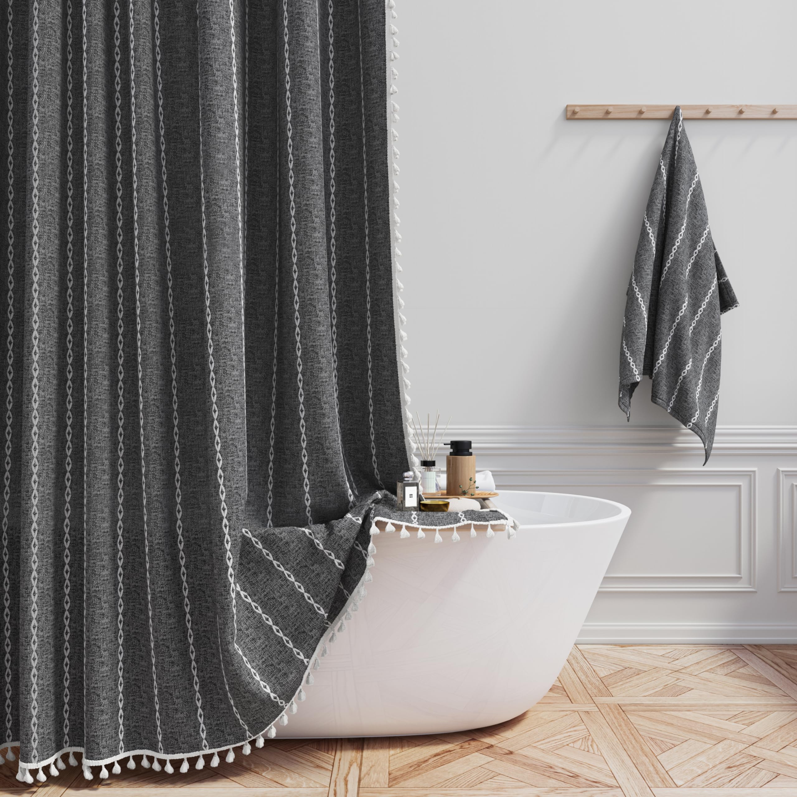 BTTN Boho Farmhouse shower curtain tassel detail adds luxury texture