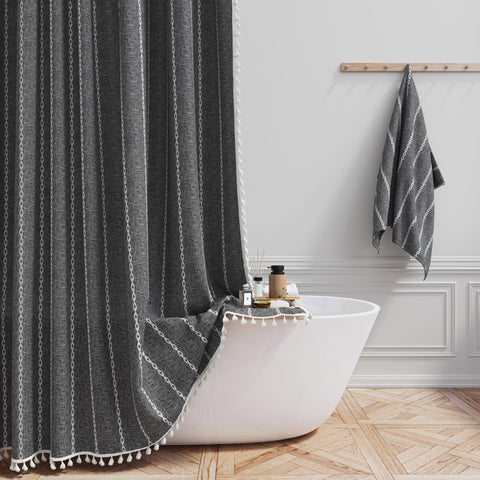 BTTN Boho Farmhouse shower curtain tassel detail adds luxury texture