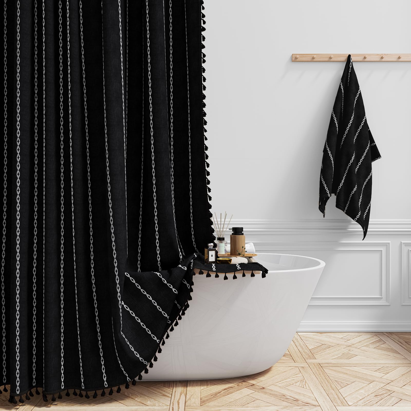 BTTN Boho Farmhouse shower curtain tassels add bohemian charm and upscale bathroom vibe.