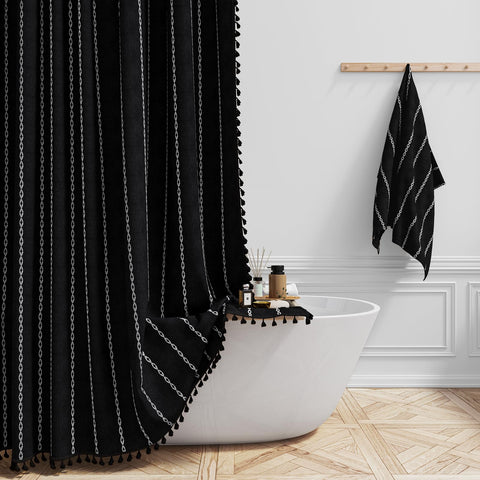 BTTN Boho Farmhouse shower curtain tassels add bohemian charm and upscale bathroom vibe.