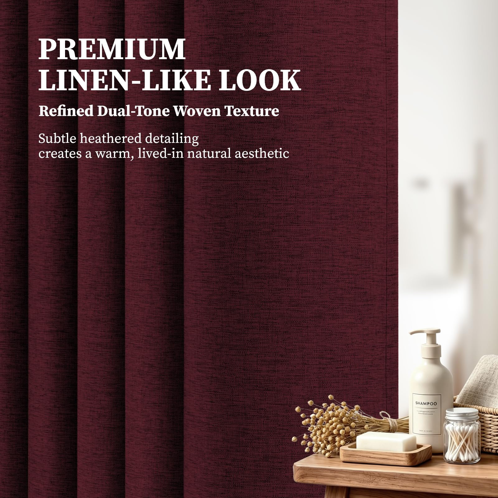 BTTN Burgundy shower curtain’s water-repellent fabric helps keep the bathroom drier.