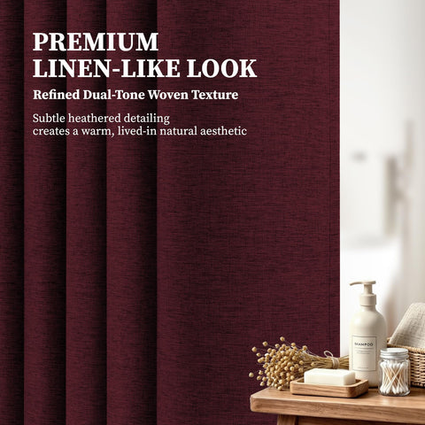 BTTN Burgundy shower curtain’s water-repellent fabric helps keep the bathroom drier.