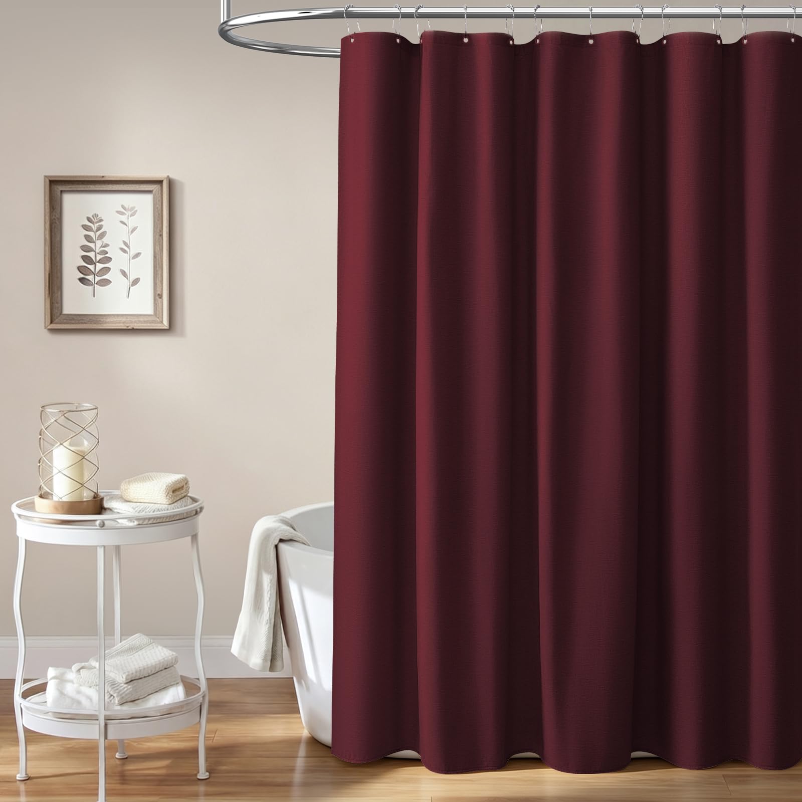 BTTN Burgundy curtain weighted hem keeps panels flat and reduces billow.