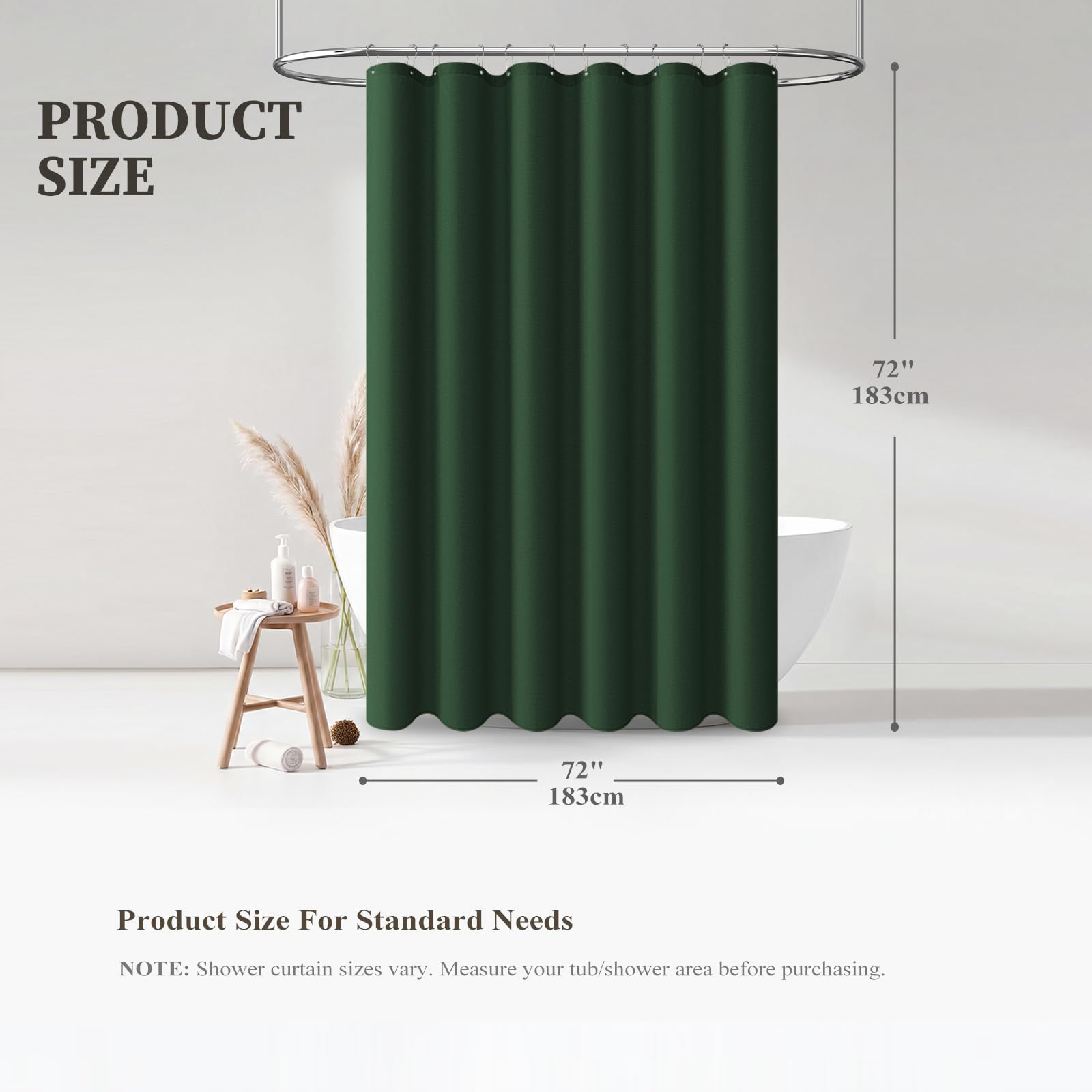 Emerald Green BTTN curtain with heavy-weighted hem maintains a neat bathroom look.