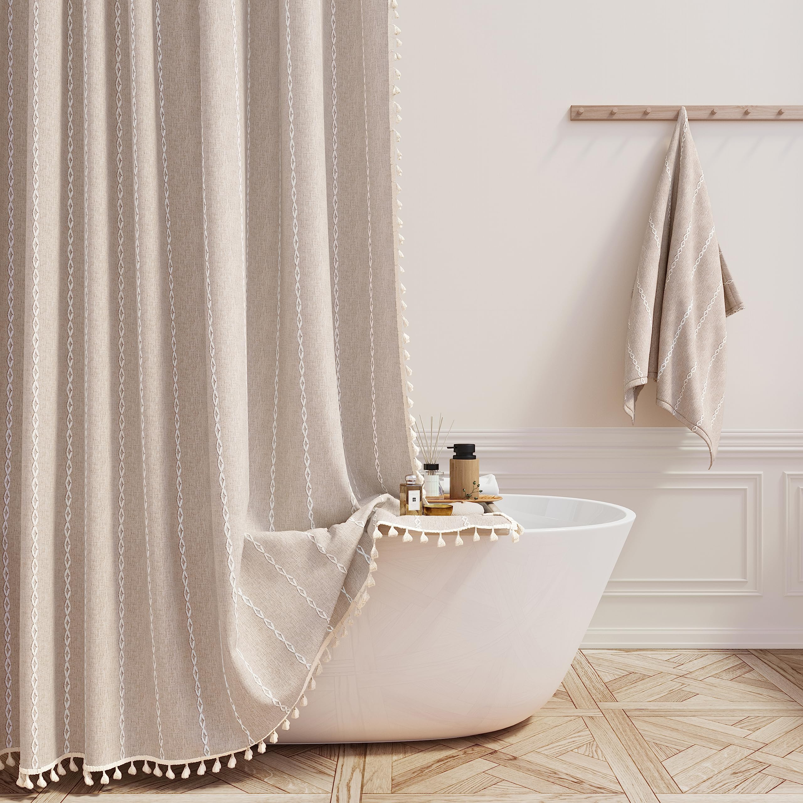 BTTN extra long shower curtain tassel stripe in tan/taupe for boho chic bathrooms.
