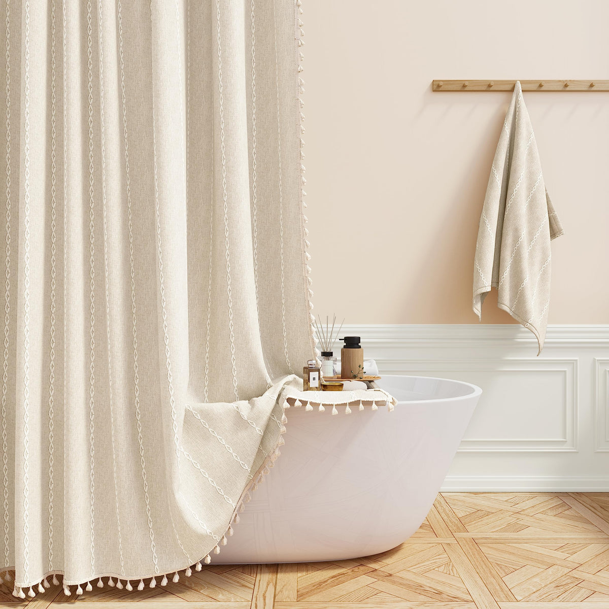 BTTN extra-long curtain with tassels for boho bathroom luxury.