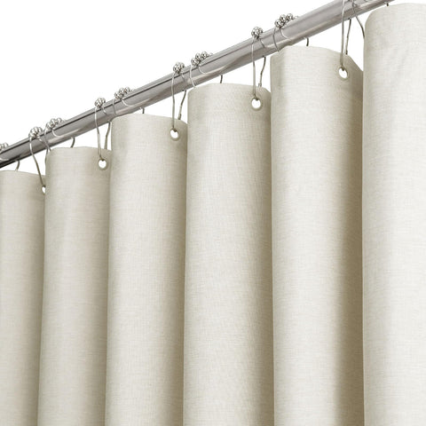 BTTN fabric shower curtain with linen texture adds subtle luxury and privacy.