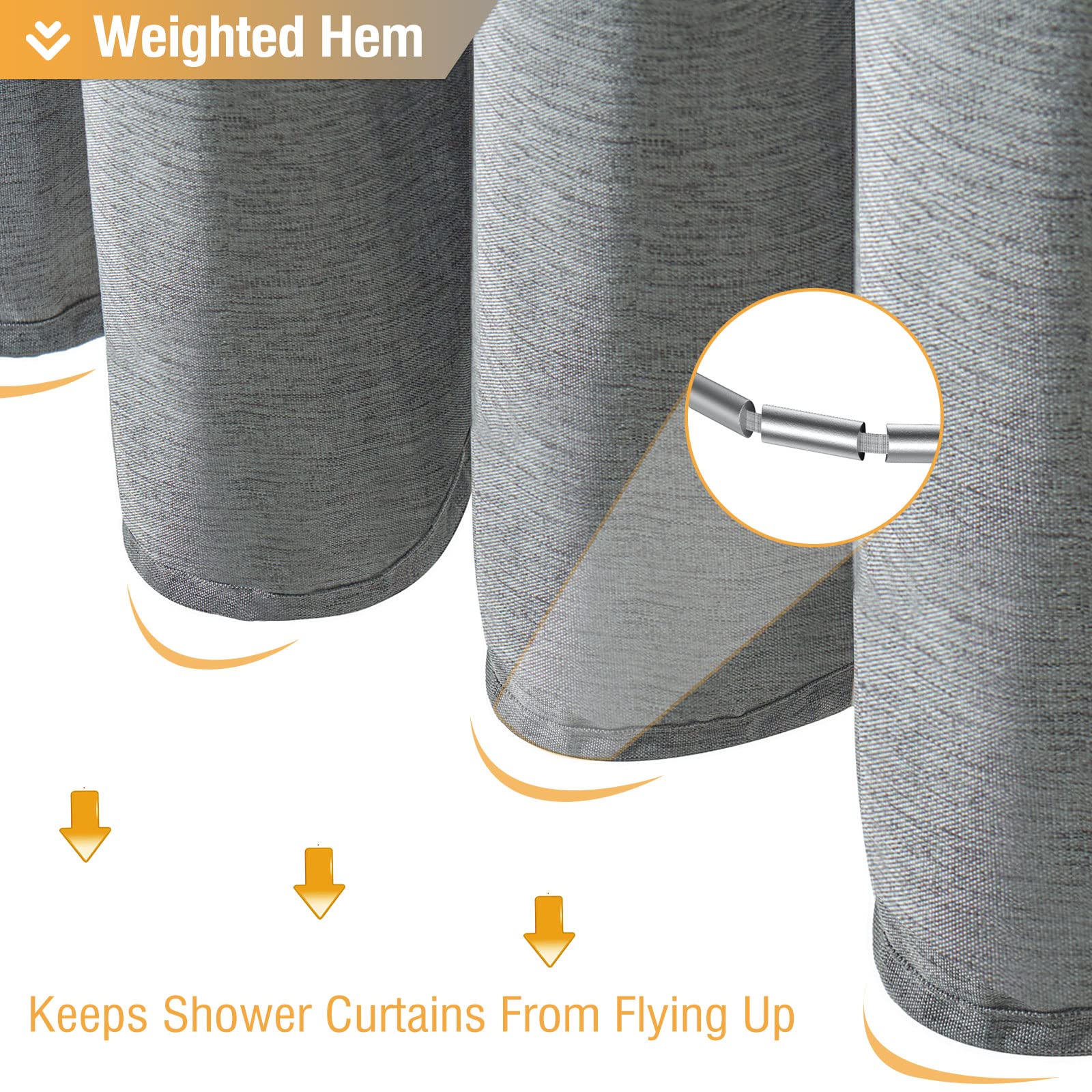 Hotel-style neutral gray curtain elevates bathroom decor