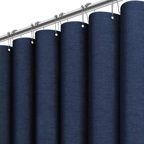 BTTN navy blue shower curtain with linen texture adds sophisticated style.