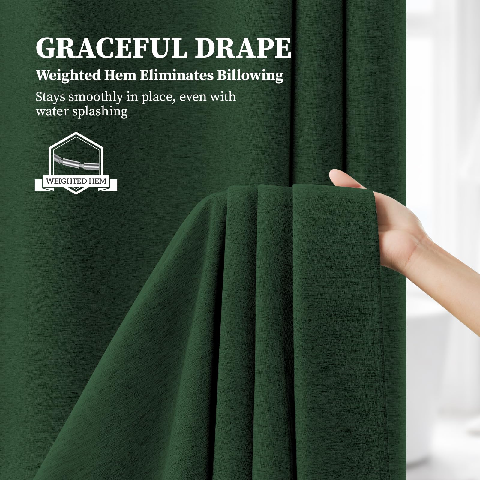 BTTN shower curtain features 12 rust-proof grommets for long-lasting use.