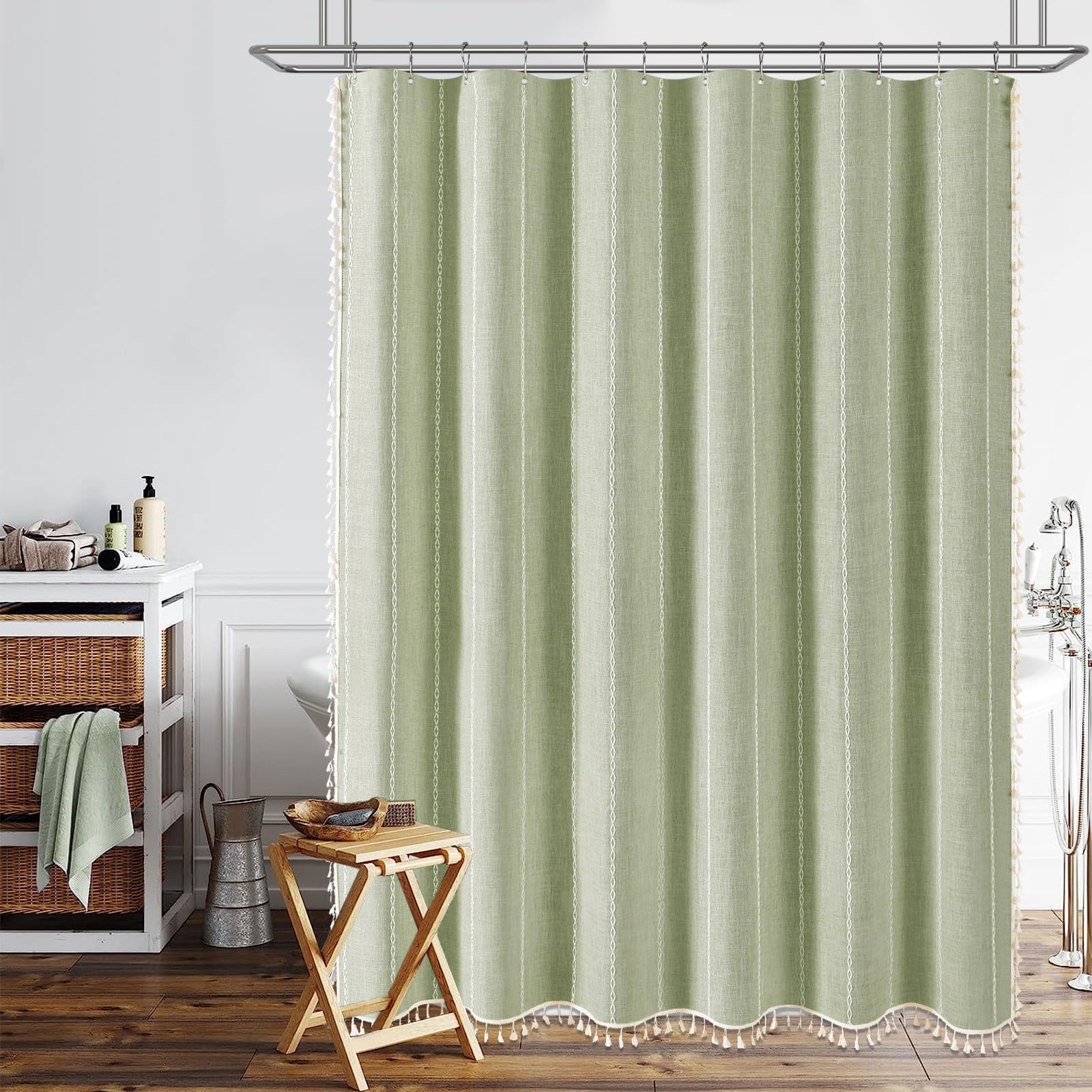 BTTN heavy-duty weave offers privacy and reduces curtain flutter during showers.