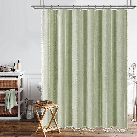 BTTN heavy-duty weave offers privacy and reduces curtain flutter during showers.