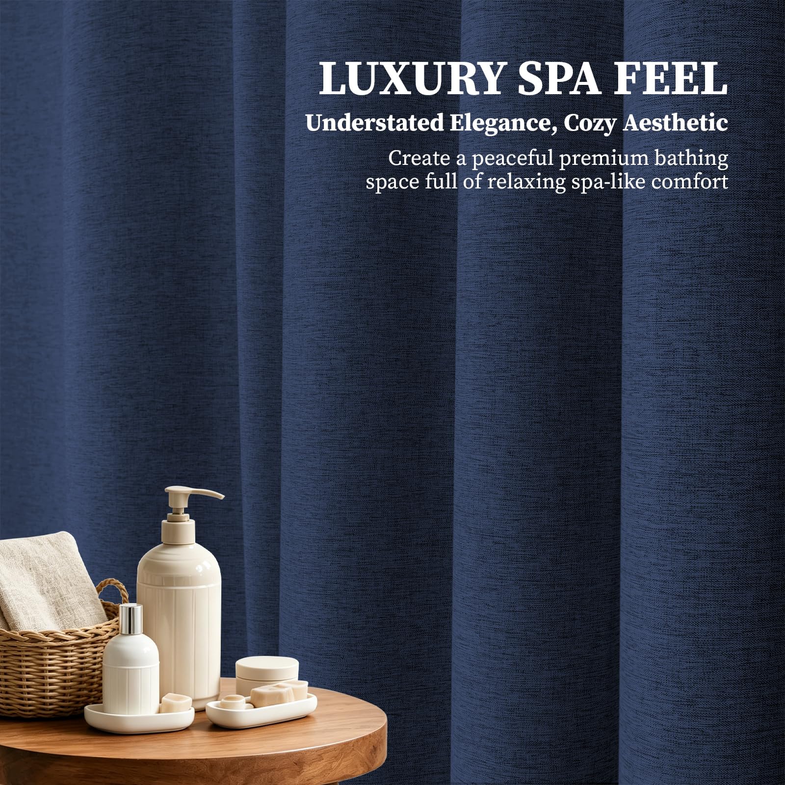 BTTN water-repellent fabric curtain keeps bathroom floors drier.