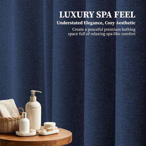 BTTN water-repellent fabric curtain keeps bathroom floors drier.