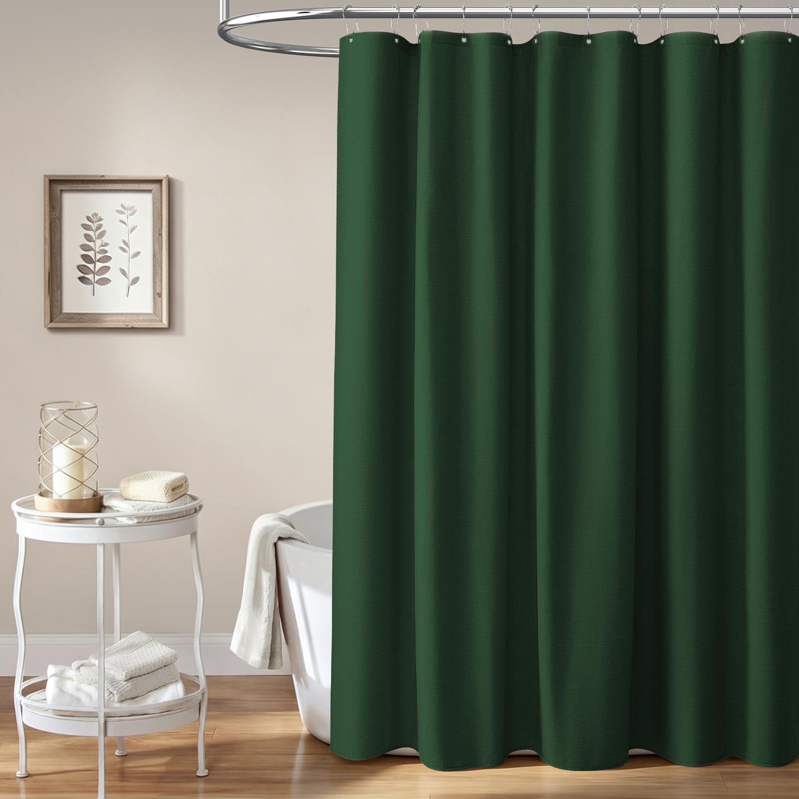 BTTN waterproof fabric shower curtain with hooks helps keep floors dry.