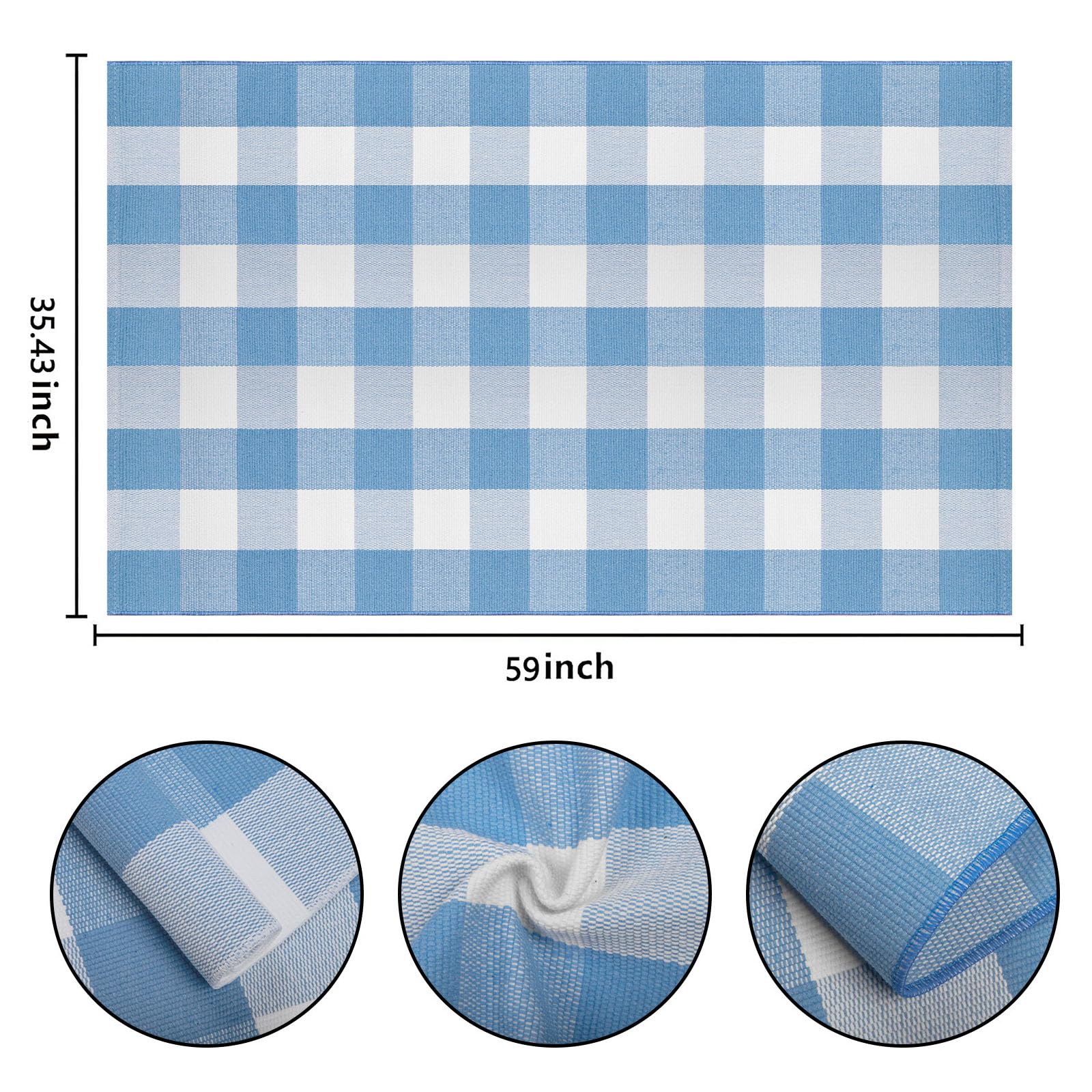 BUAGETUP blue and white buffalo plaid porch mat adds welcoming style.
