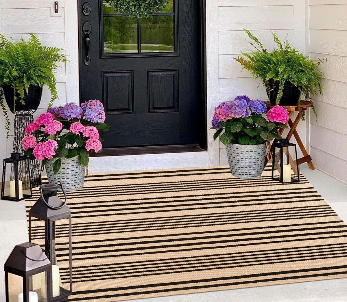 BUAGETUP outdoor rug 3x5 tan striped with durable, machine-washable design for entry or patio