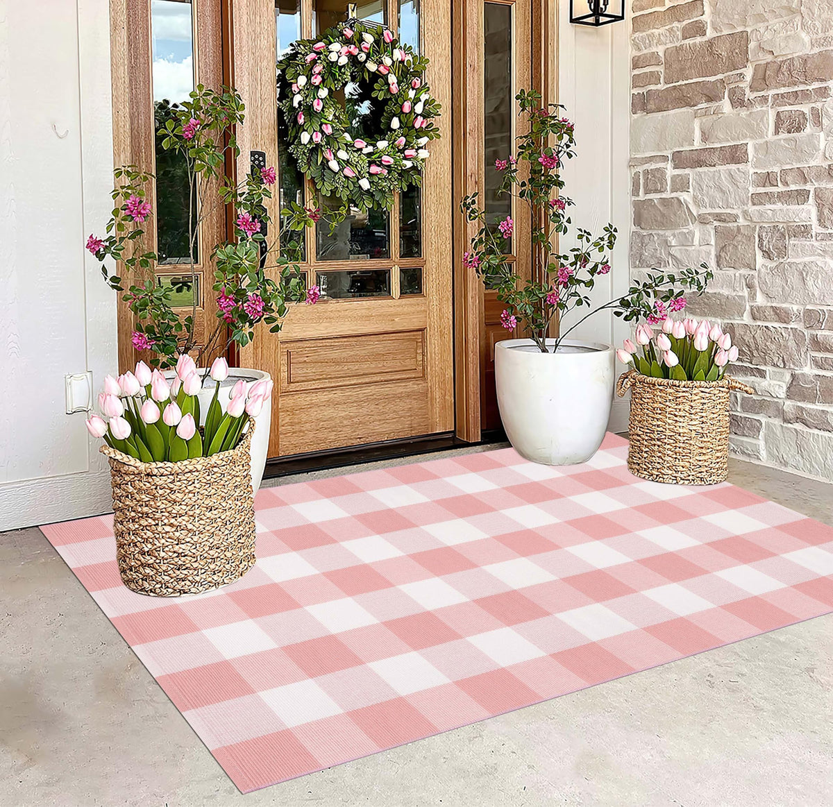 BUAGETUP pink and white buffalo plaid rug 3x5 adds cozy farmhouse charm to entryways.