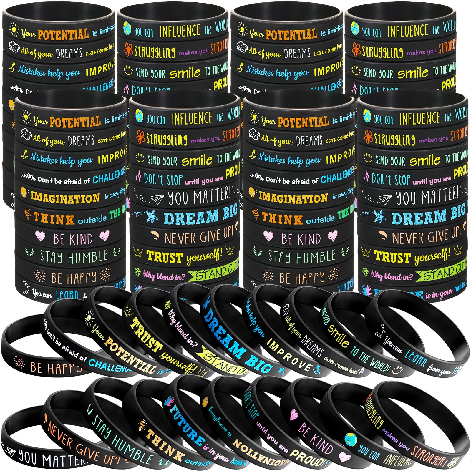 Bucherry 120-pcs motivational wristbands pack for classroom rewards.
