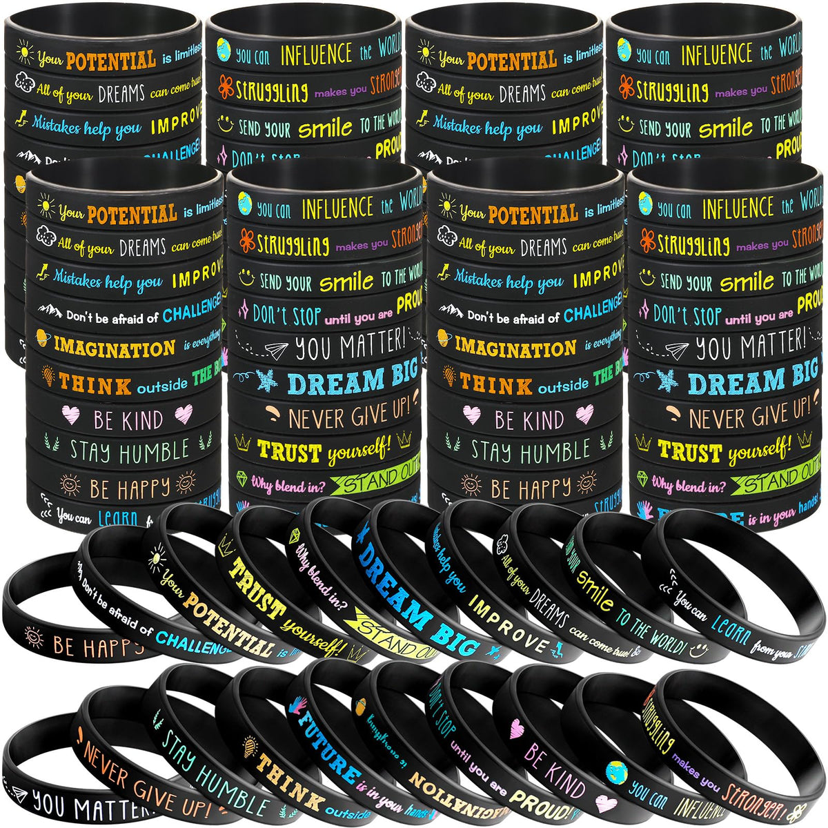 Bucherry 120-pcs motivational wristbands pack for classroom rewards.