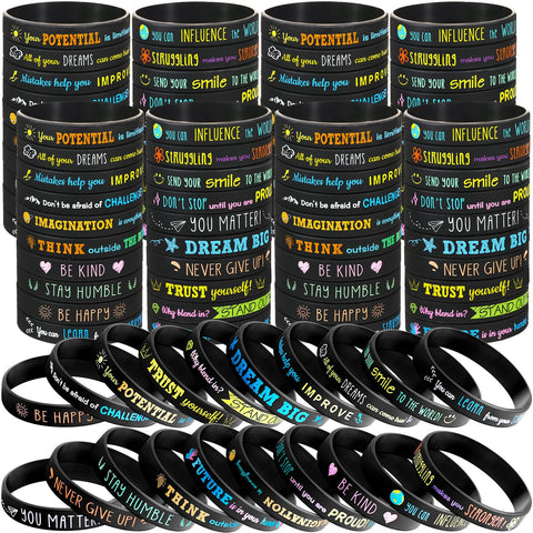 Bucherry 120-pcs motivational wristbands pack for classroom rewards.