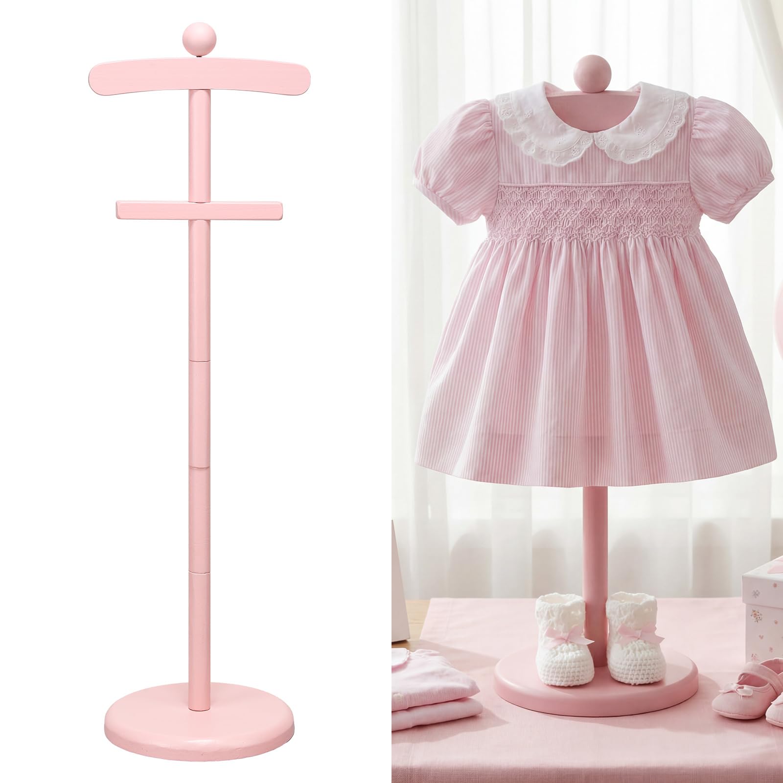 Bucherry pink display stand for baby clothes, keeps garments organized