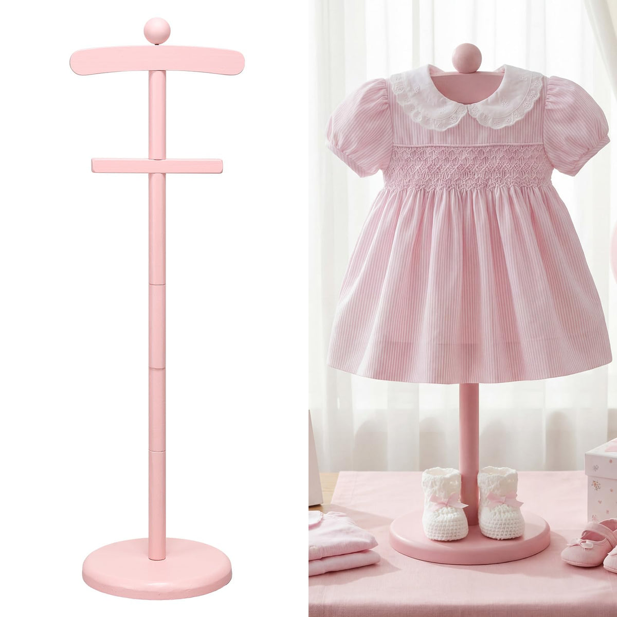 Bucherry pink display stand for baby clothes, keeps garments organized