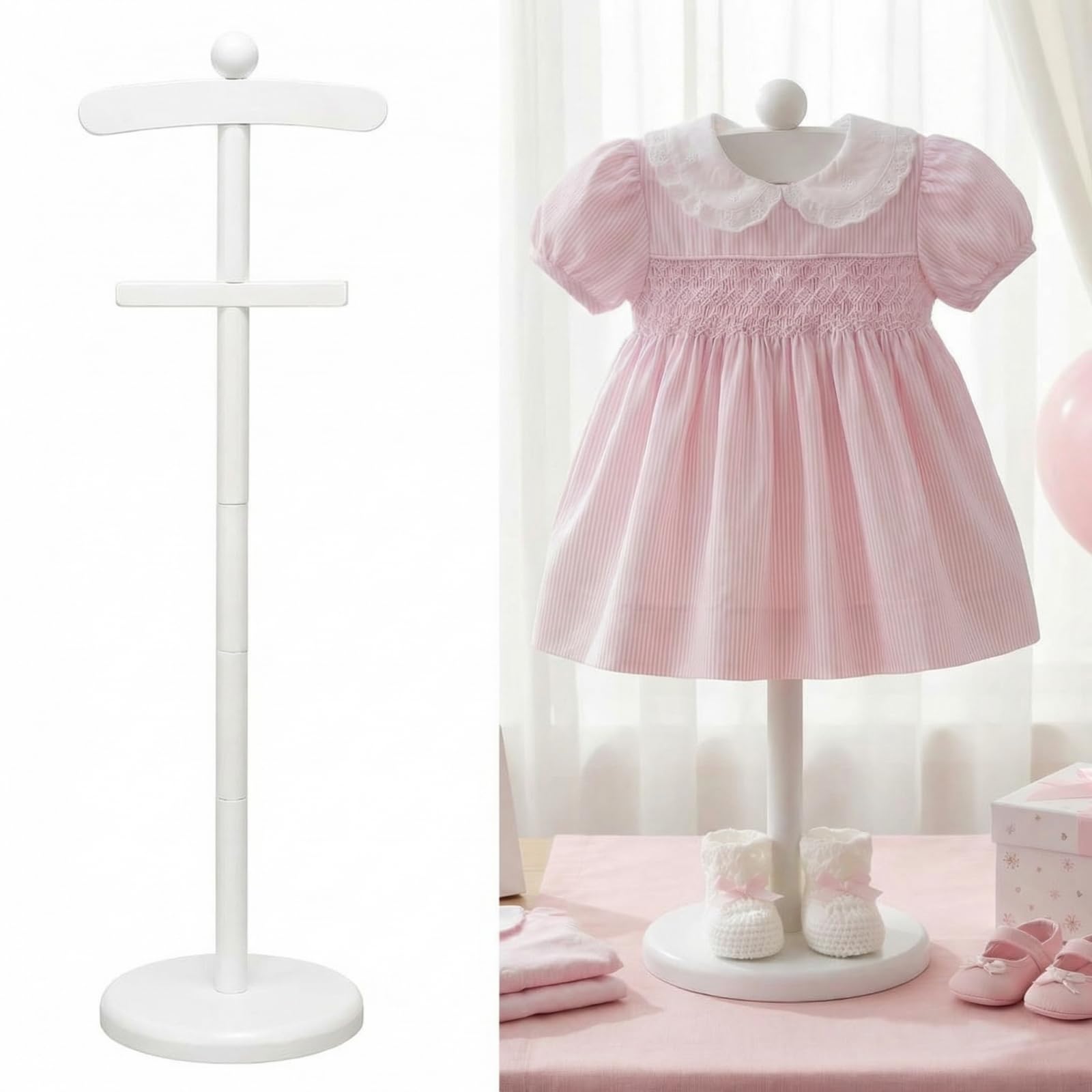 Bucherry white baby clothes display stand on a clean tabletop for neat presentation