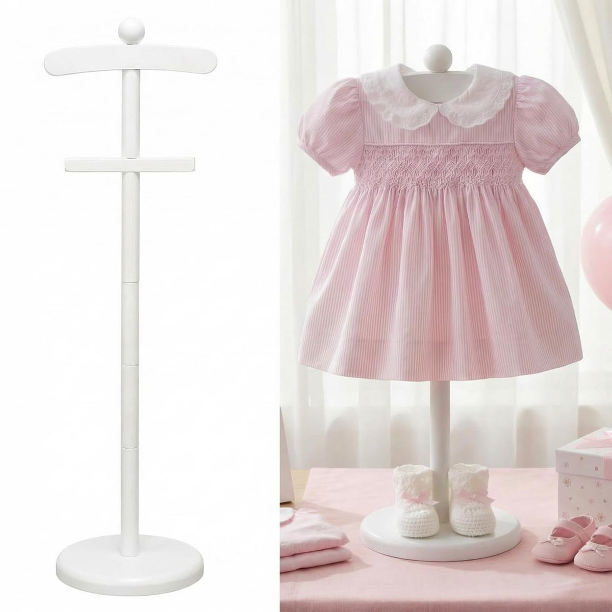 Bucherry white baby clothes display stand on a clean tabletop for neat presentation