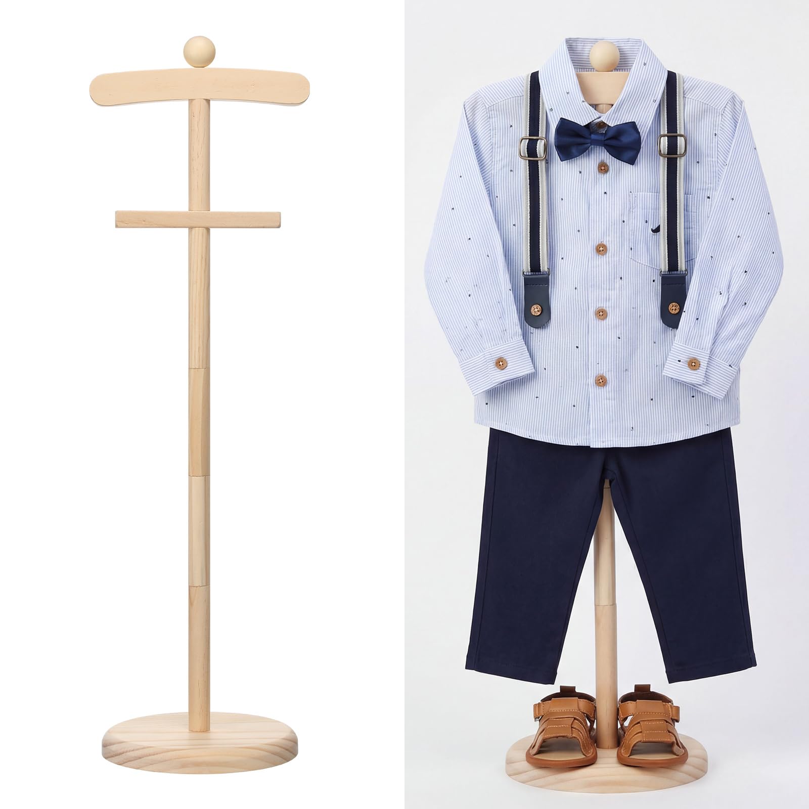 Bucherry wooden color stand showcases baby garments in a tidy arrangement.