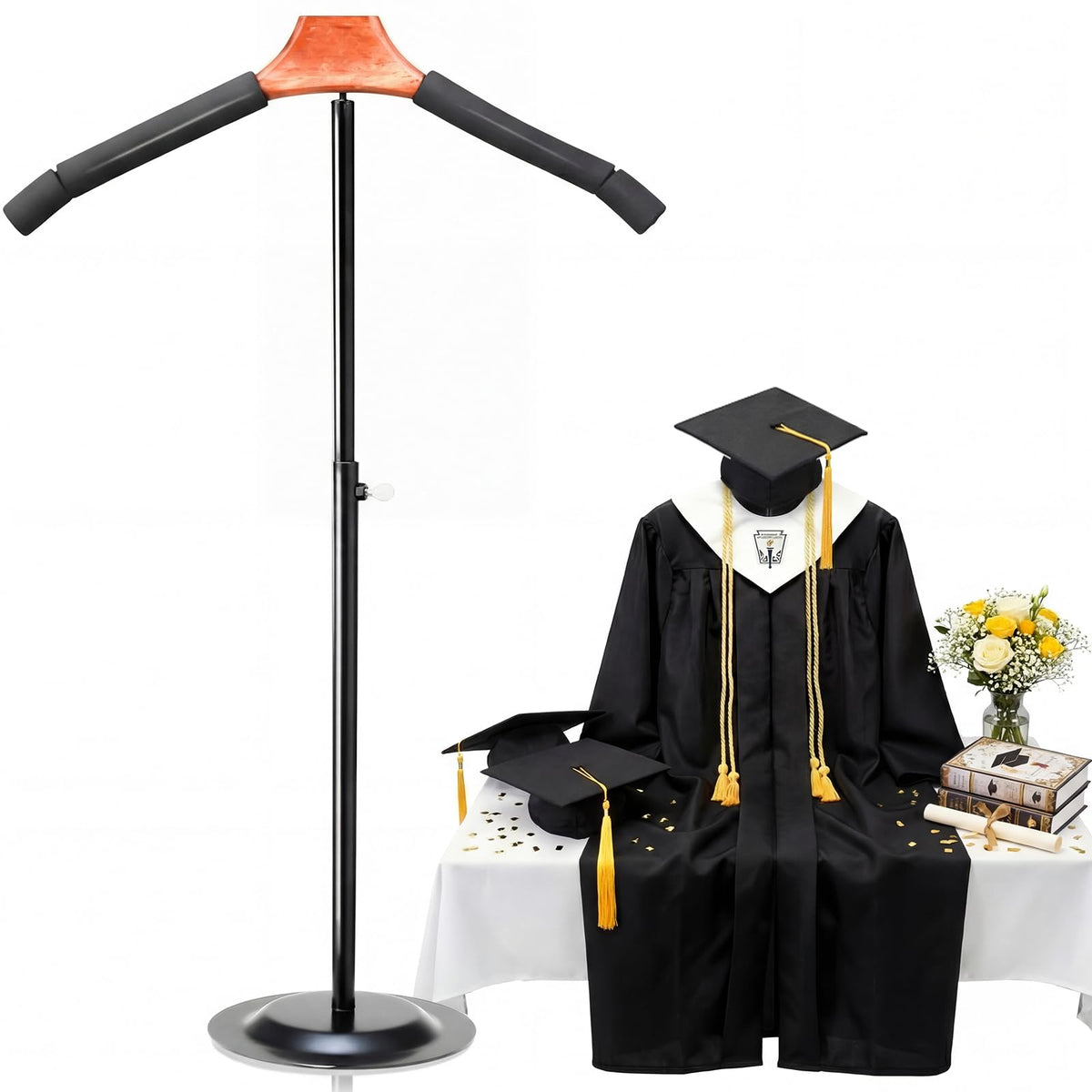 Bucherry Graduation Cap and Gown Display Stand with adjustable height for varied gowns.
