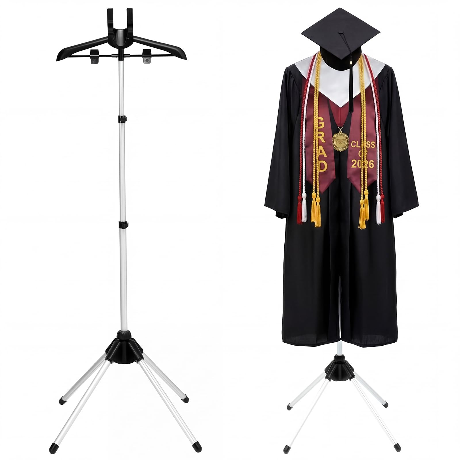 Bucherry graduation gown display stand front view highlights cap and gown for events.