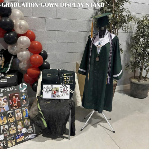 Bucherry portable display rack supports versatile graduation attire at celebrations.