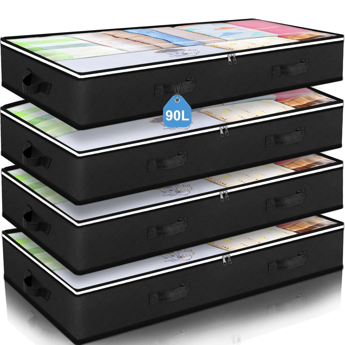 Budding Joy 90L under-bed storage container with clear window for quick item visibility.