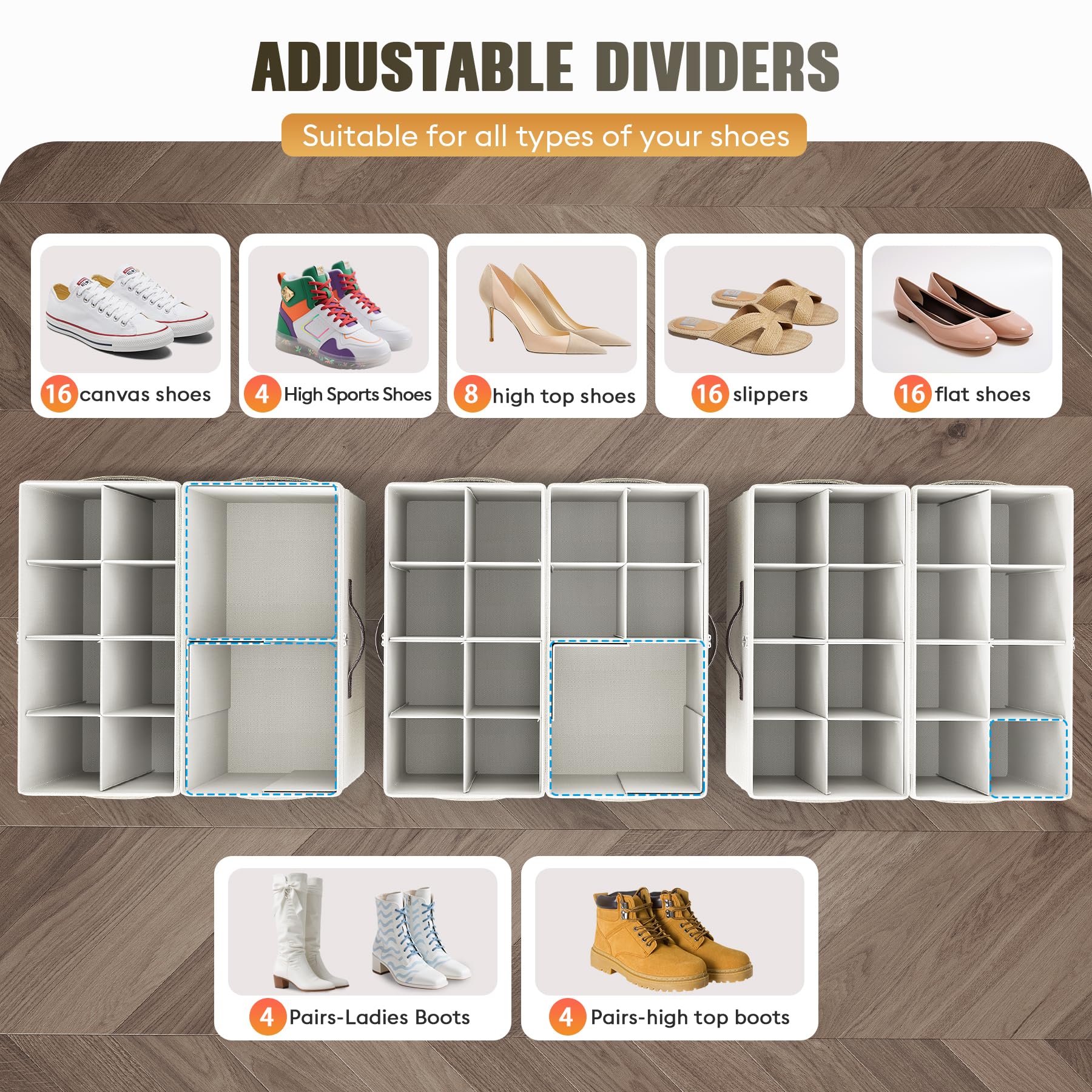 Budding Joy adjustable dividers let you customize compartments for various footwear.